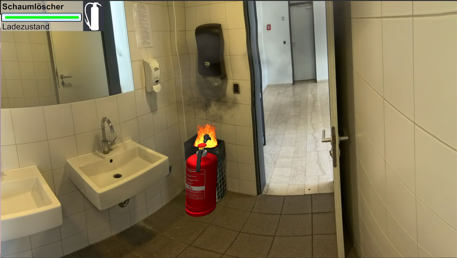 360-Grad-Ansicht eines virtuellen Brandszenarios: Ein entstehender Brand in einem Badezimmer eines Privathaushalts.