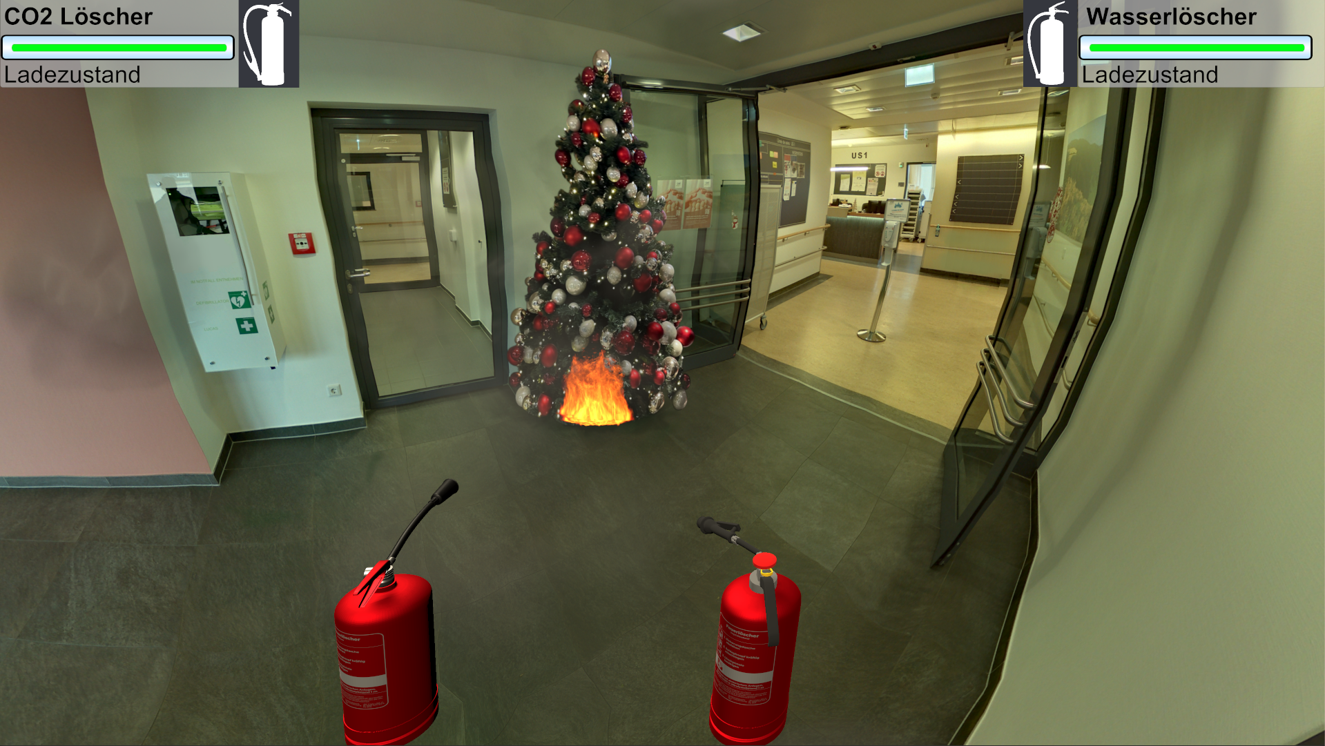 360-Grad-Ansicht eines virtuellen Brandszenarios: Ein Flächenbrand in einem Waldgebiet im Außenbereich.