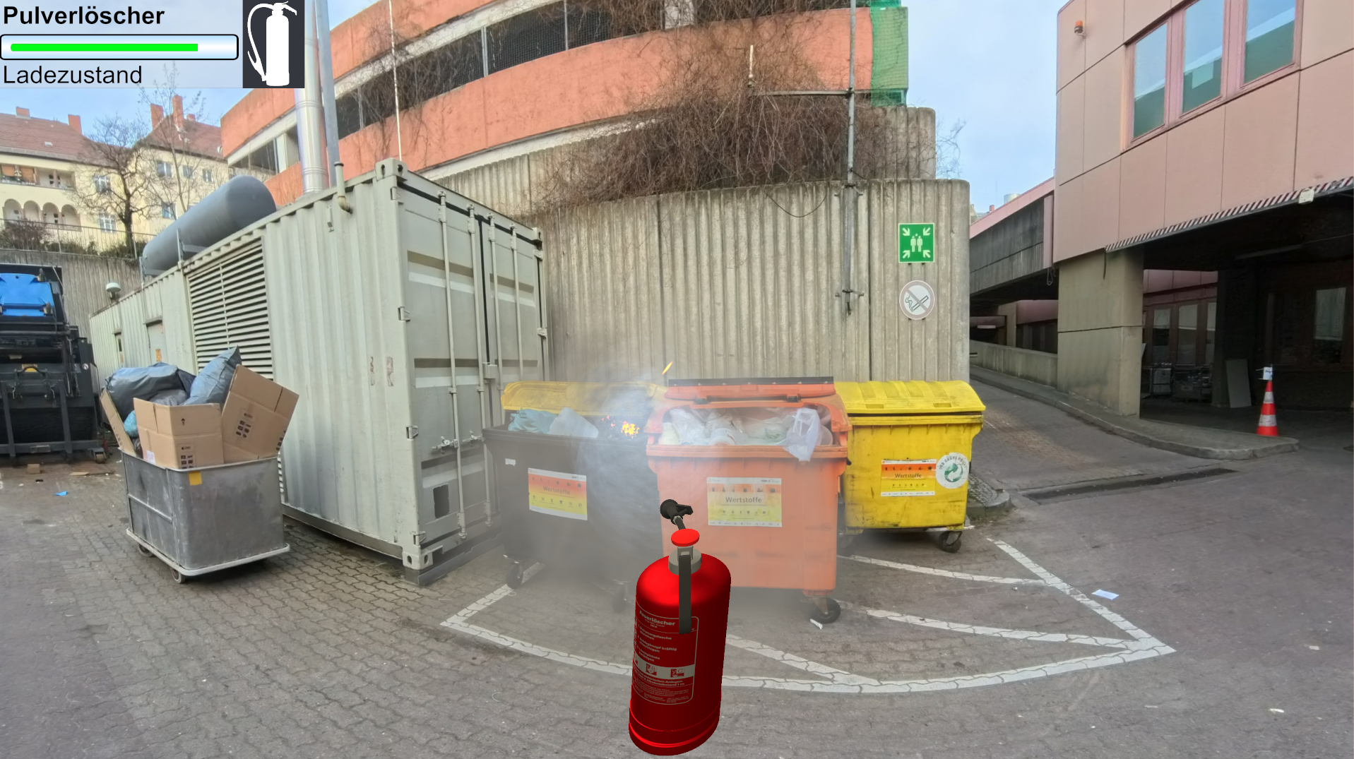 360-Grad-Ansicht eines virtuellen Brandszenarios: Ein brennender Müllcontainer auf einem Entsorgungshof.