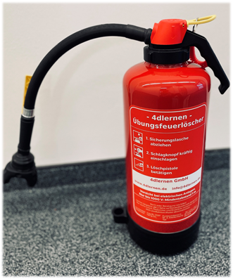 Detailaufnahme eines virtuellen Aufladefeuerlöschers der 4dlernen GmbH, der 1:1 einem echten Feuerlöscher nachempfunden ist und realistisches Training inklusive typischem Bedienablauf ermöglicht.