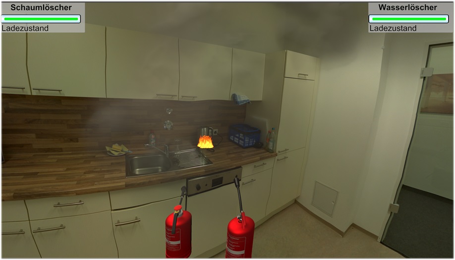 Zwei Mitarbeiter in Firmenkleidung trainieren gleichzeitig mit virtuellen Feuerlöschern der 4dlernen GmbH das taktische Verhalten bei einem gemeinsamen Löscheinsatz (Teamtraining).